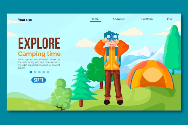 Flache design-camping-landingpage mit zelt und mann