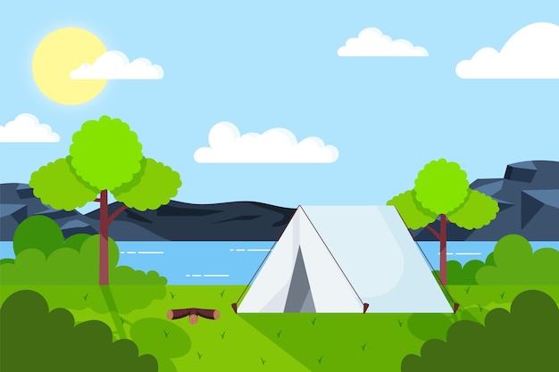 Flache design-campingplatzlandschaft mit zelt und see