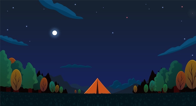 Kostenloser Vektor flache design-campingplatzlandschaft mit zelten in der nacht