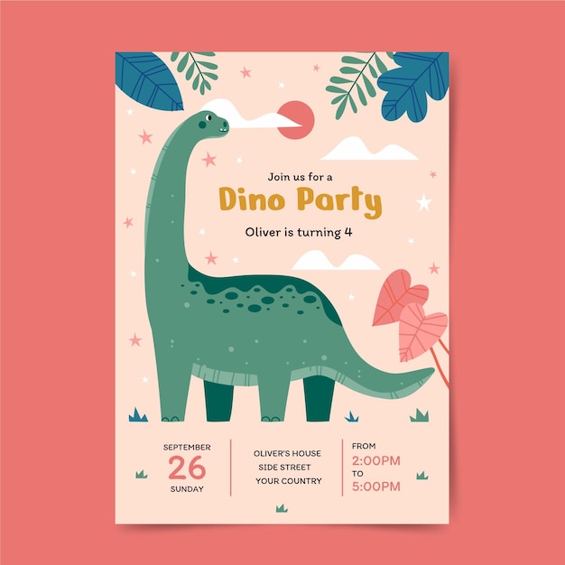 Flache Design-Dinosaurier-Geburtstagseinladung