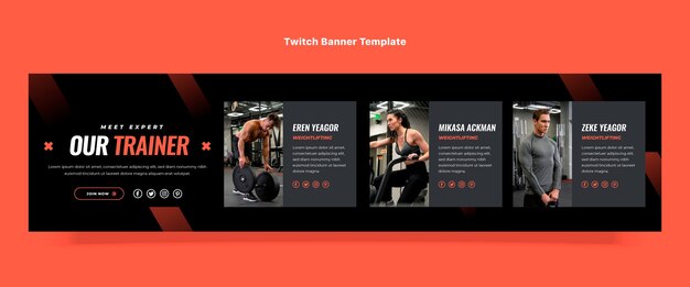 Flache design-fitness-twitch-banner-vorlage