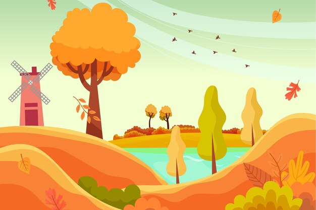 Flache Design-Herbstlandschaft mit Windmühle