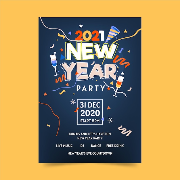 Flache design neujahr 2021 party flyer vorlage