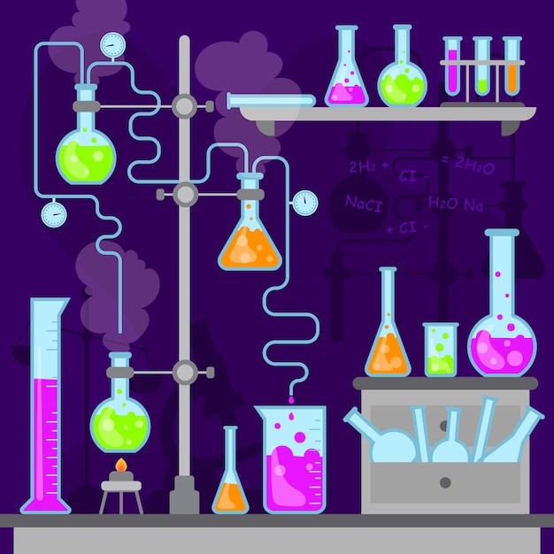 Kostenloser Vektor flache design-sammlung von wissenschaftslaborobjekten