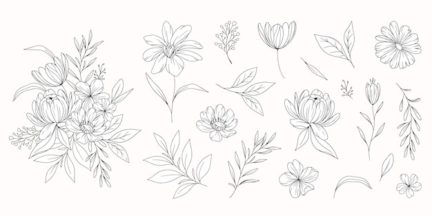Flache Designaufkleber mit Blumenlinien