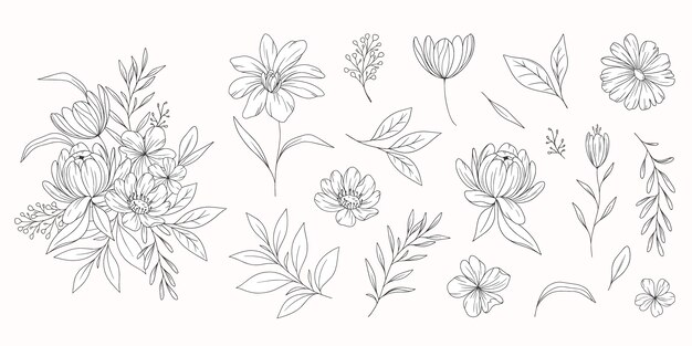 Flache Designaufkleber mit Blumenlinien