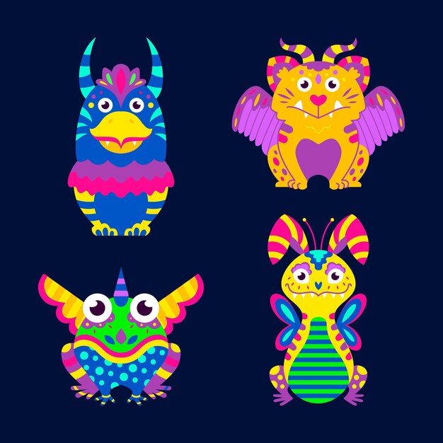 Flache dia de muertos alebrijes-Kollektion