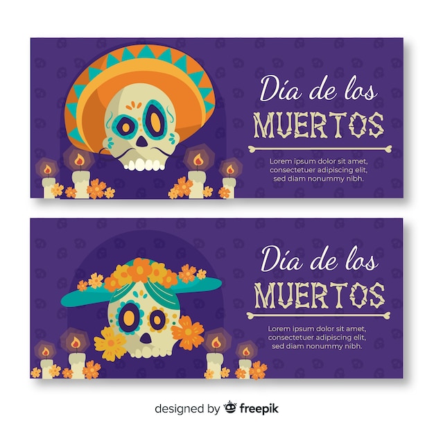 Flache día de muertos banner mit mexikanischen schädel