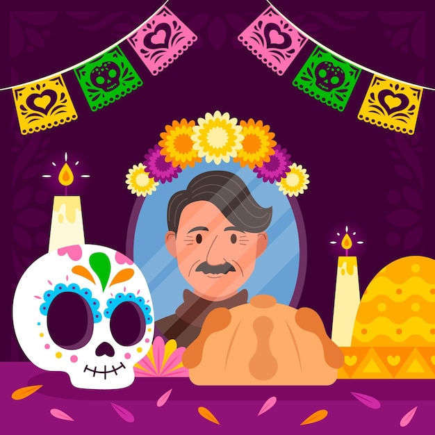 Flache dia de muertos familienhausaltarillustration