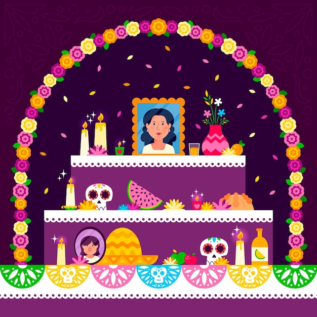 Kostenloser Vektor flache dia de muertos familienhausaltarillustration