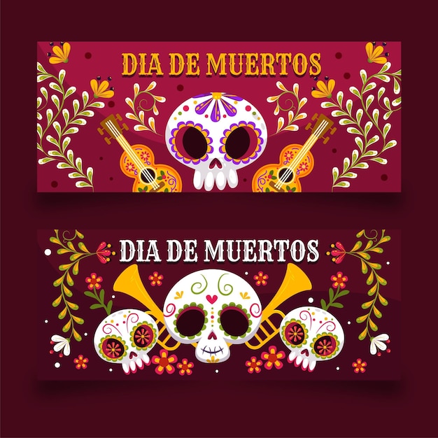 Flache dia de muertos horizontale banner-set