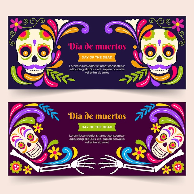 Kostenloser Vektor flache dia de muertos horizontale banner-set