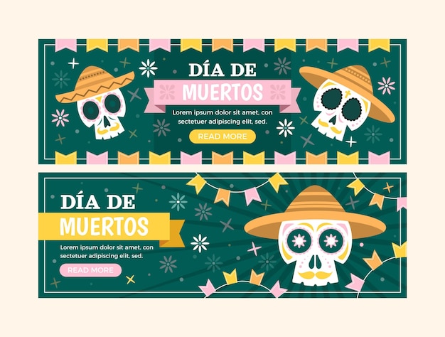 Kostenloser Vektor flache dia de muertos horizontale banner-set