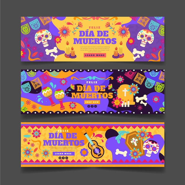 Kostenloser Vektor flache dia de muertos horizontale banner-set