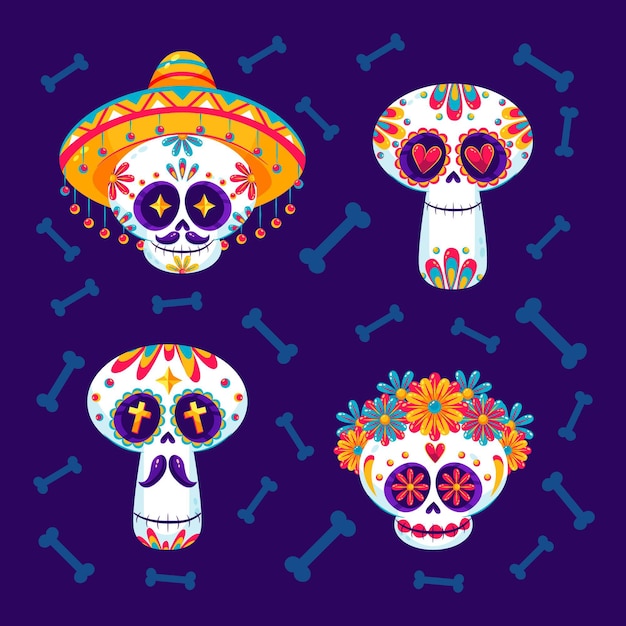 Kostenloser Vektor flache dia de muertos schädelkollektion