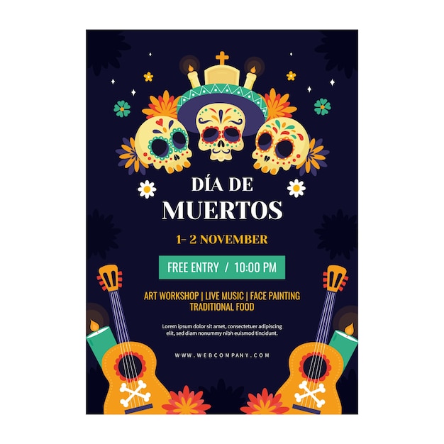 Flache dia de muertos vertikale plakatvorlage