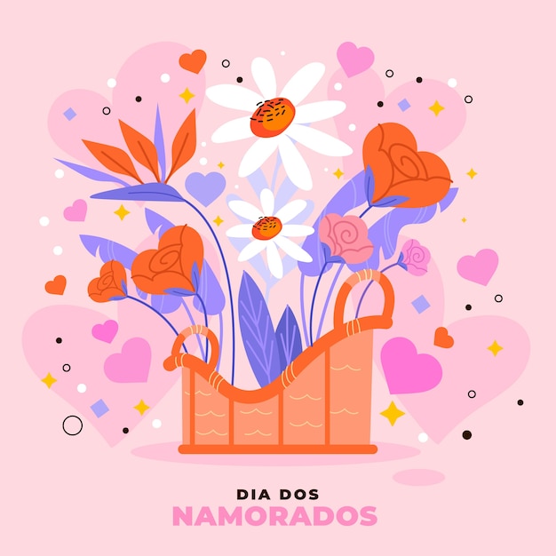 Flache dia dos namorados-illustration mit blumenkorb