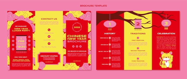 Kostenloser Vektor flache dreifach gefaltete broschürenvorlage für das chinesische neujahr