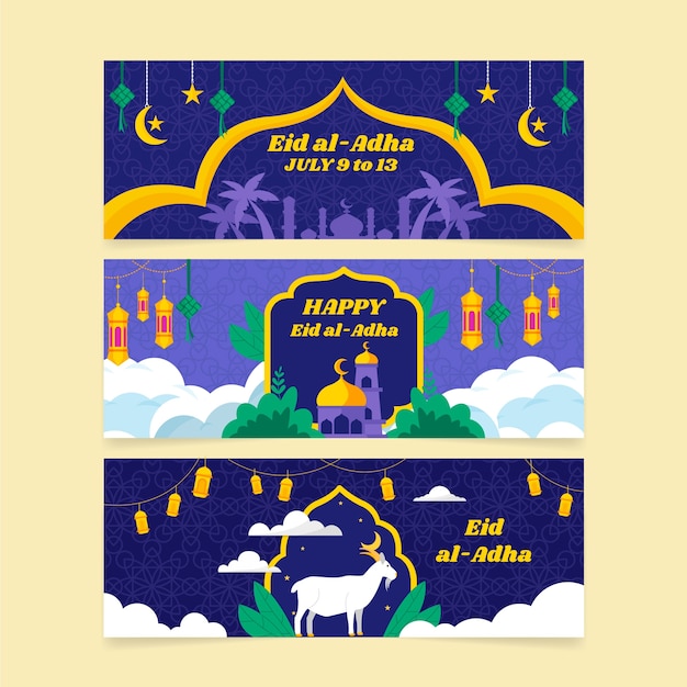 Flache eid al-adha horizontale banner mit laternen und ziegen