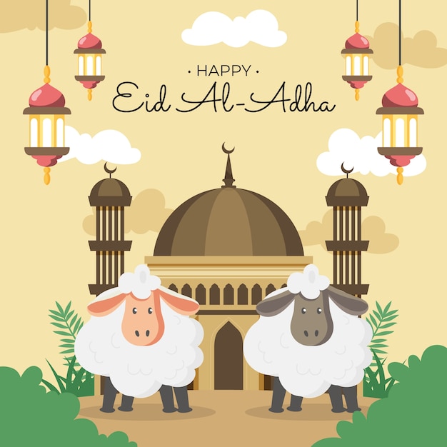 Flache eid al-adha-illustration mit schafen und laternen