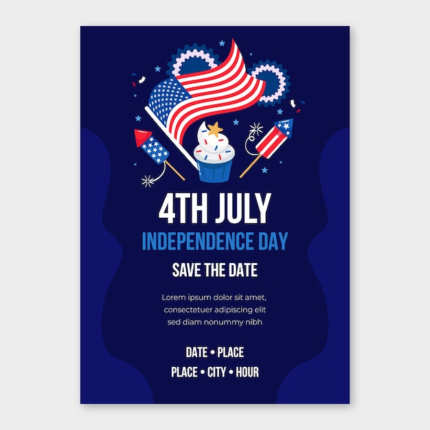 Flache einladungsvorlage für die amerikanische feiertagsfeier am 4. juli