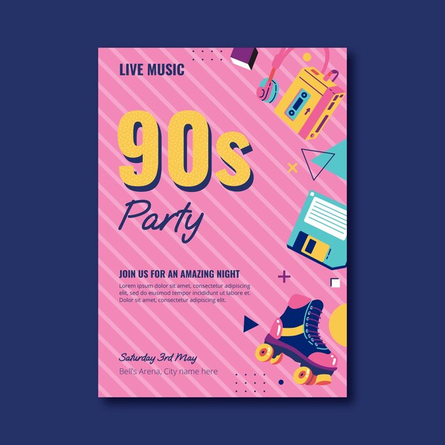 Flache Einladungsvorlage für die Party der 90er Jahre
