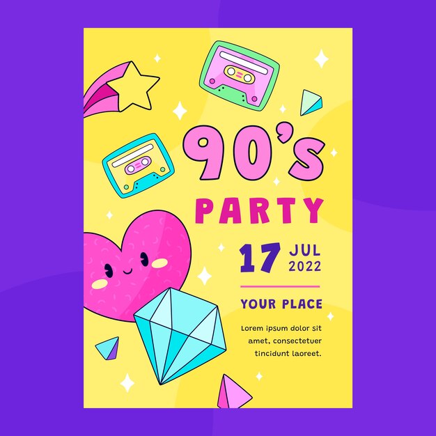 Flache Einladungsvorlage für die Party der 90er Jahre