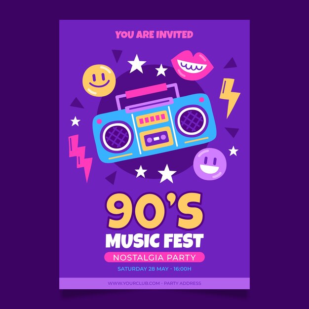 Flache Einladungsvorlage für die Party der 90er Jahre