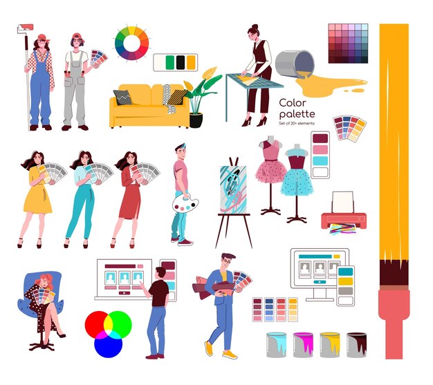 Kostenloser Vektor flache elemente der farbpalette mit charakteren von designern, malern, farbeimern, isolierte vektorillustration