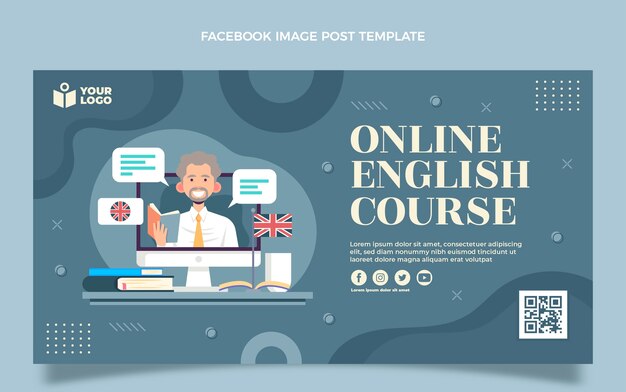 Flache Englischunterricht Social-Media-Beitragsvorlage