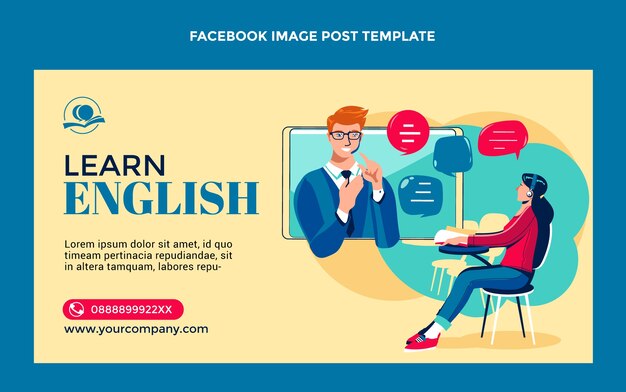 Flache Englischunterricht Social-Media-Beitragsvorlage