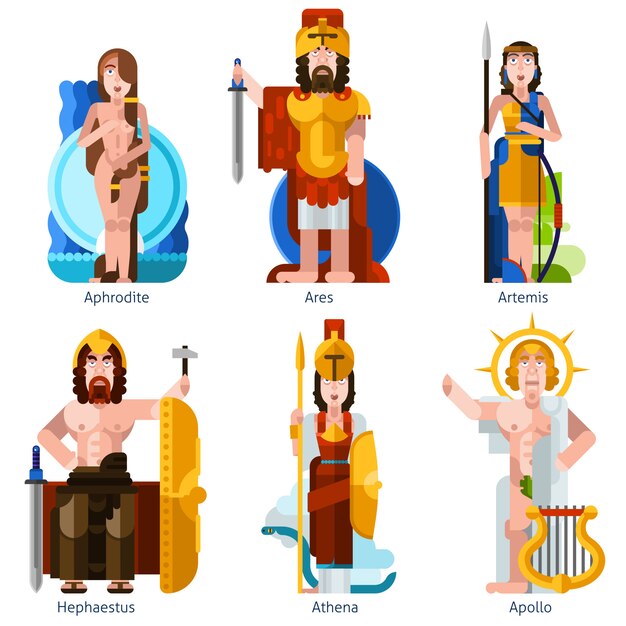 Flache Farbe Olympischen Götter Icons Set