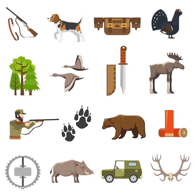 Kostenlose Vektor flache farbjagd-symbole