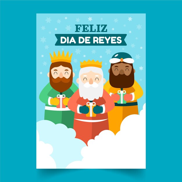 Flache feliz dia de reyes grußkartenvorlage