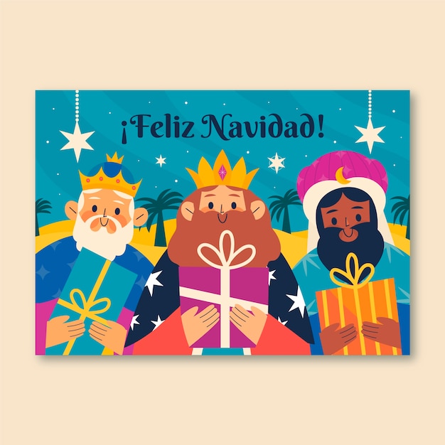 Flache feliz navidad reyes magos grußkartenvorlage