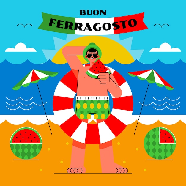 Kostenloser Vektor flache ferragosto-illustration mit mann, der wassermelone am strand isst