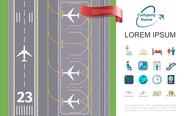 Kostenloser Vektor flache flugreise mit landebahnflughafen und thematische symbolillustration