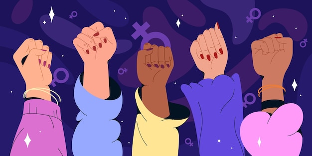 Flache Frauenhände mit erhobenen Feminismusfäusten
