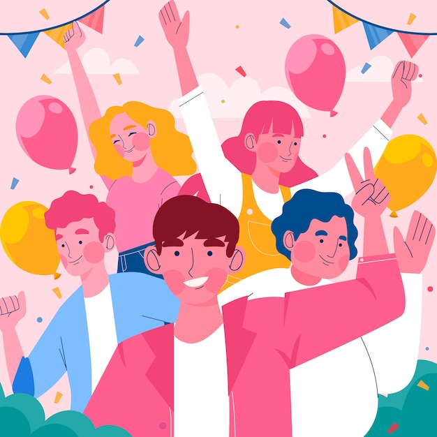 Flache Freundschaftstagillustration mit Freunden und Konfetti