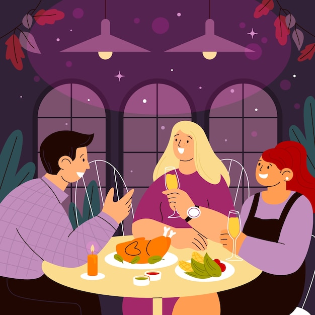 Flache friendsgiving-illustration mit freunden, die gemeinsam am tisch zu abend essen