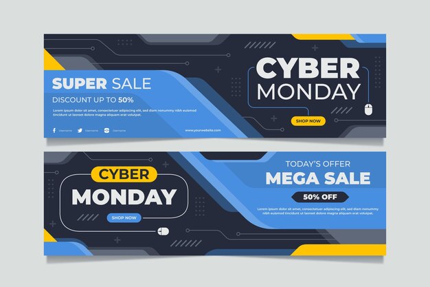 Kostenloser Vektor flache futuristische cyber monday horizontale banner eingestellt