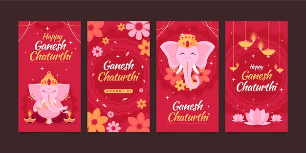 Flache ganesh chaturthi instagram geschichtensammlung mit elefanten