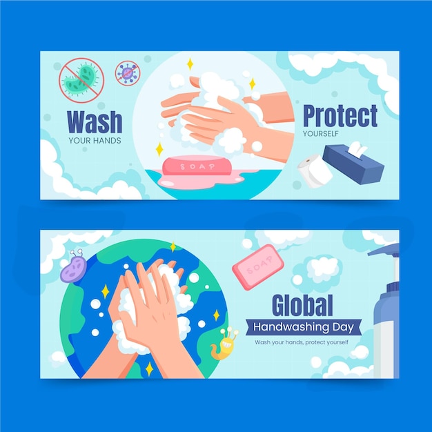 Kostenloser Vektor flache globale horizontale banner für den tag des händewaschens