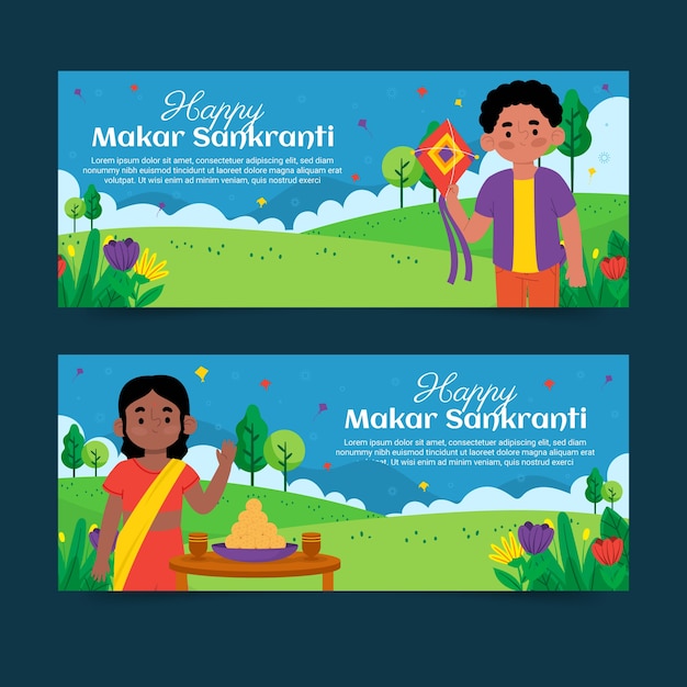 Kostenloser Vektor flache glückliche makar sankranti horizontale banner eingestellt