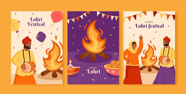 Flache grußkartensammlung für die feier des lohri-festivals