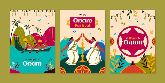 Flache grußkartensammlung für die feier des onam-festes