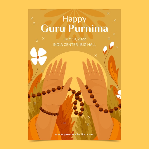 Flache Guru Purnima vertikale Plakatvorlage mit Händen und Rosenkranz