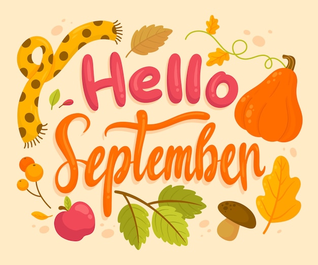 Flache hallo september-beschriftung für die herbstfeier