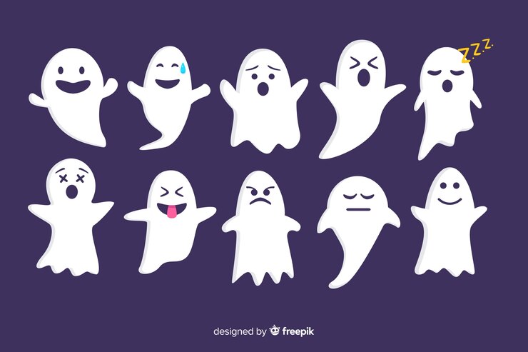 Kostenlose Vektor flache halloween-geistersammlung auf violettem hintergrund