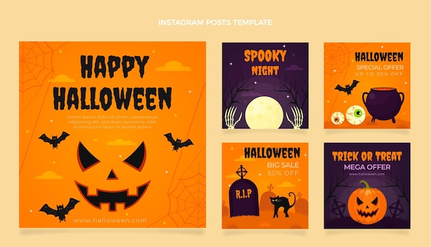 Flache halloween instagram posts sammlung